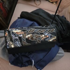 Embellished Black Sequin Evening Clutch